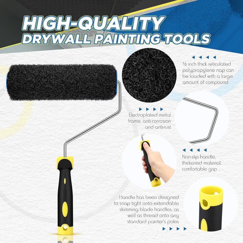 Threlaco 3 Pcs 9 Inch Drywall Compound Roller Cover with 1 Pcs Paint Frame, Drywall Texture Brush, Mud Roller for Putty, diatomaceous Earth, molding Paste, Textured coatings - Image 3